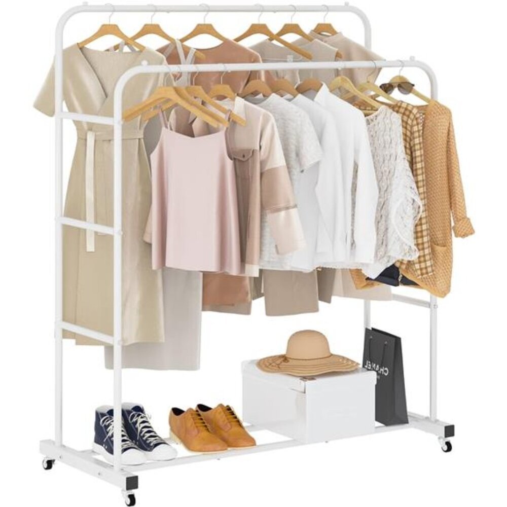 Double Rods Clothing Rack with Wheels, Garment Rack for Hanging Clothes
